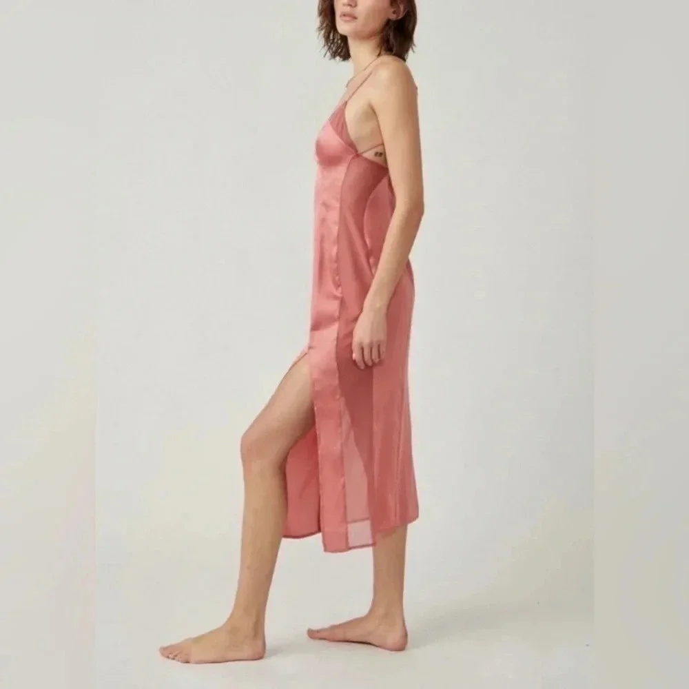 NWT Free People City Cool Midi Slip Dress Size Medium in Canyon Clay Pink